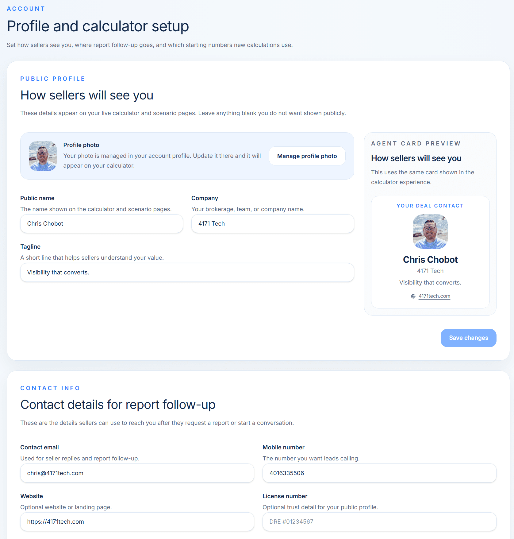 Account branding section with public profile fields and an agent card preview.