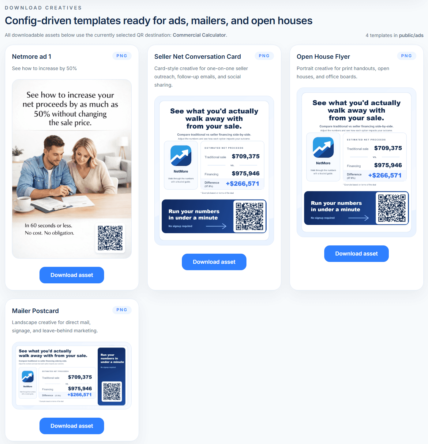 Downloadable advertising asset preview with NetMore creative and QR code placement.
