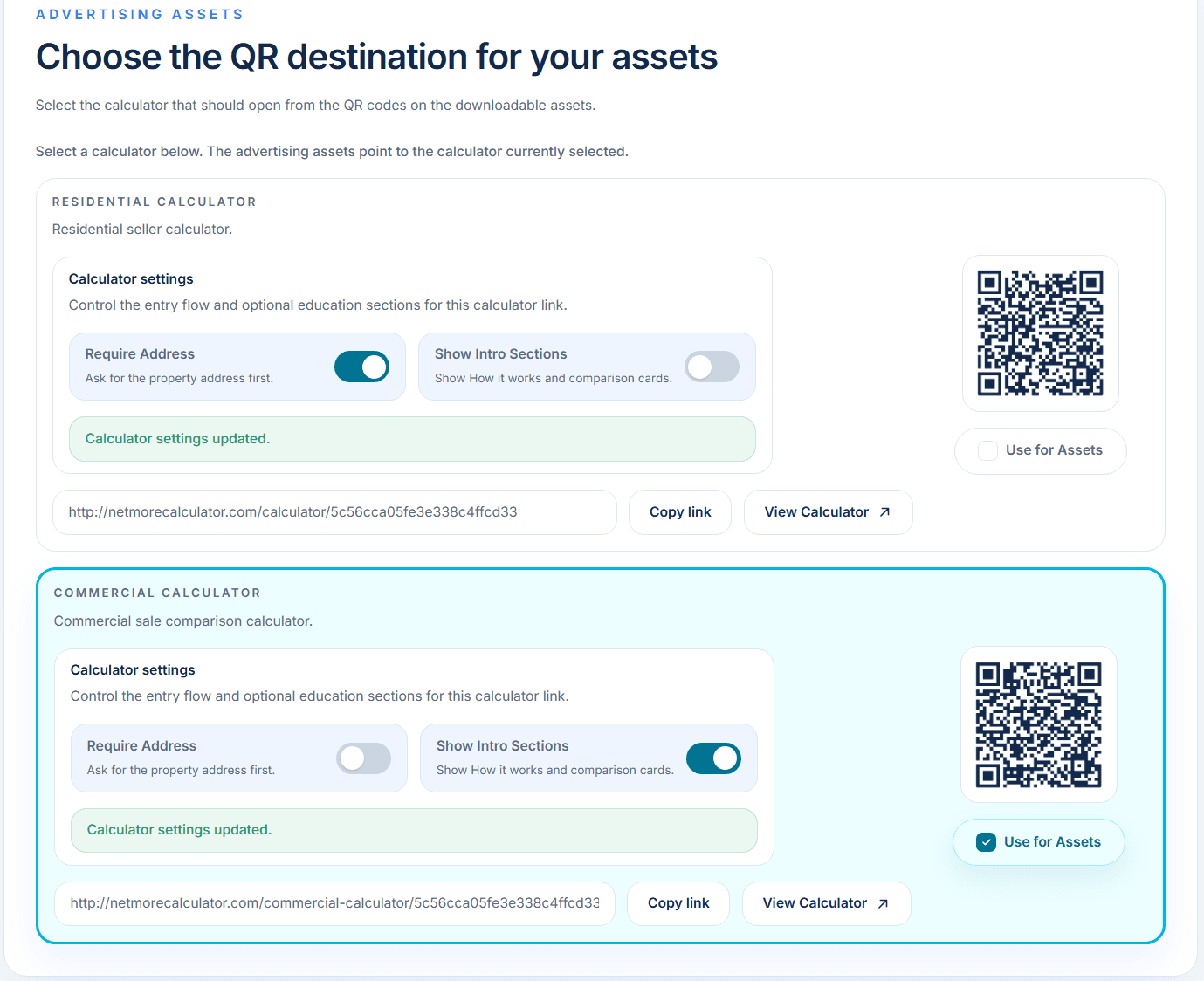 Assets page with residential and commercial calculator records, QR code, and calculator settings.