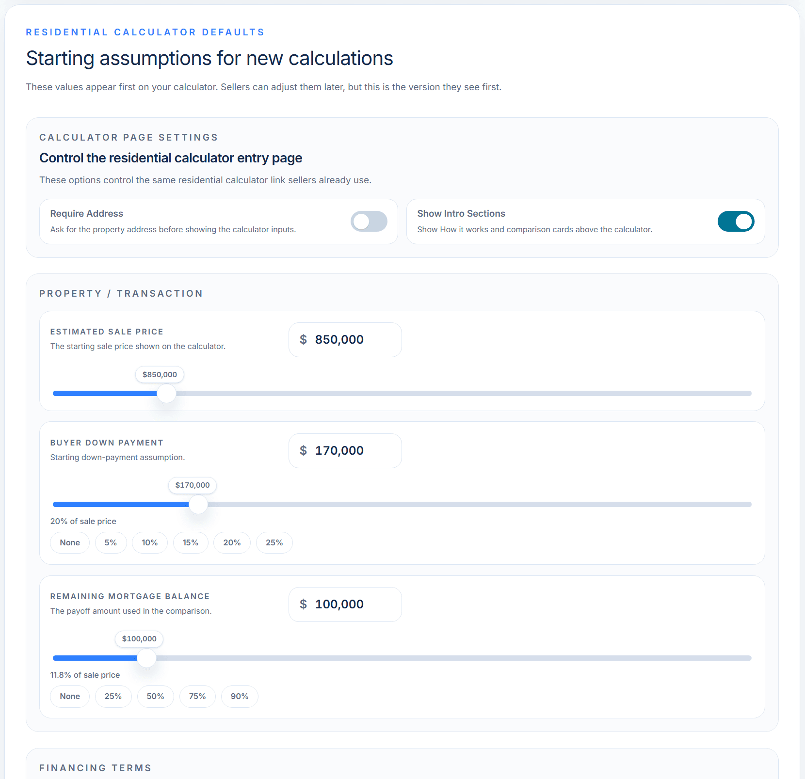 Calculator defaults section with starting assumptions and calculator page settings.
