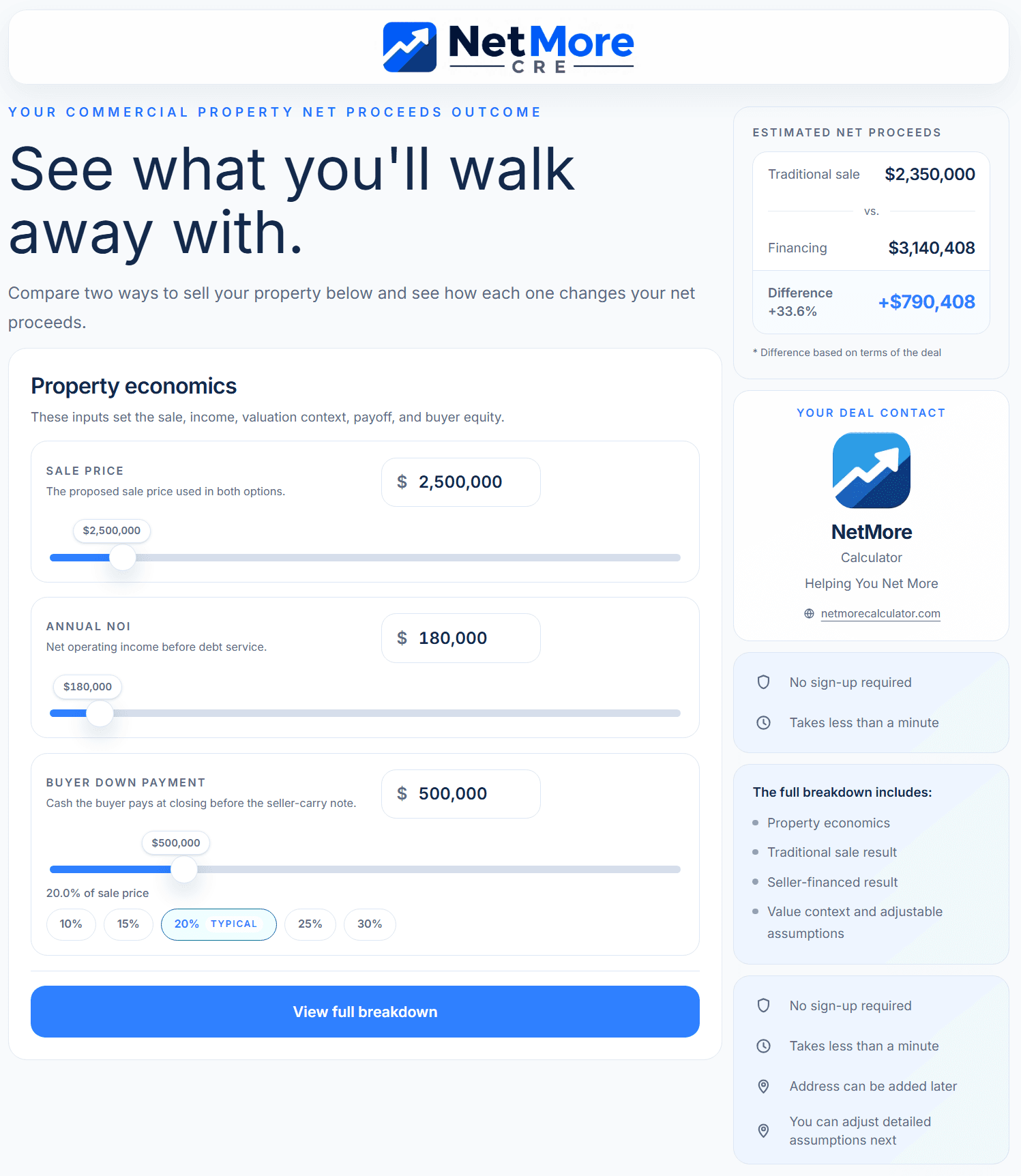 Commercial calculator entry screen with sale price, annual NOI, and buyer down payment inputs.