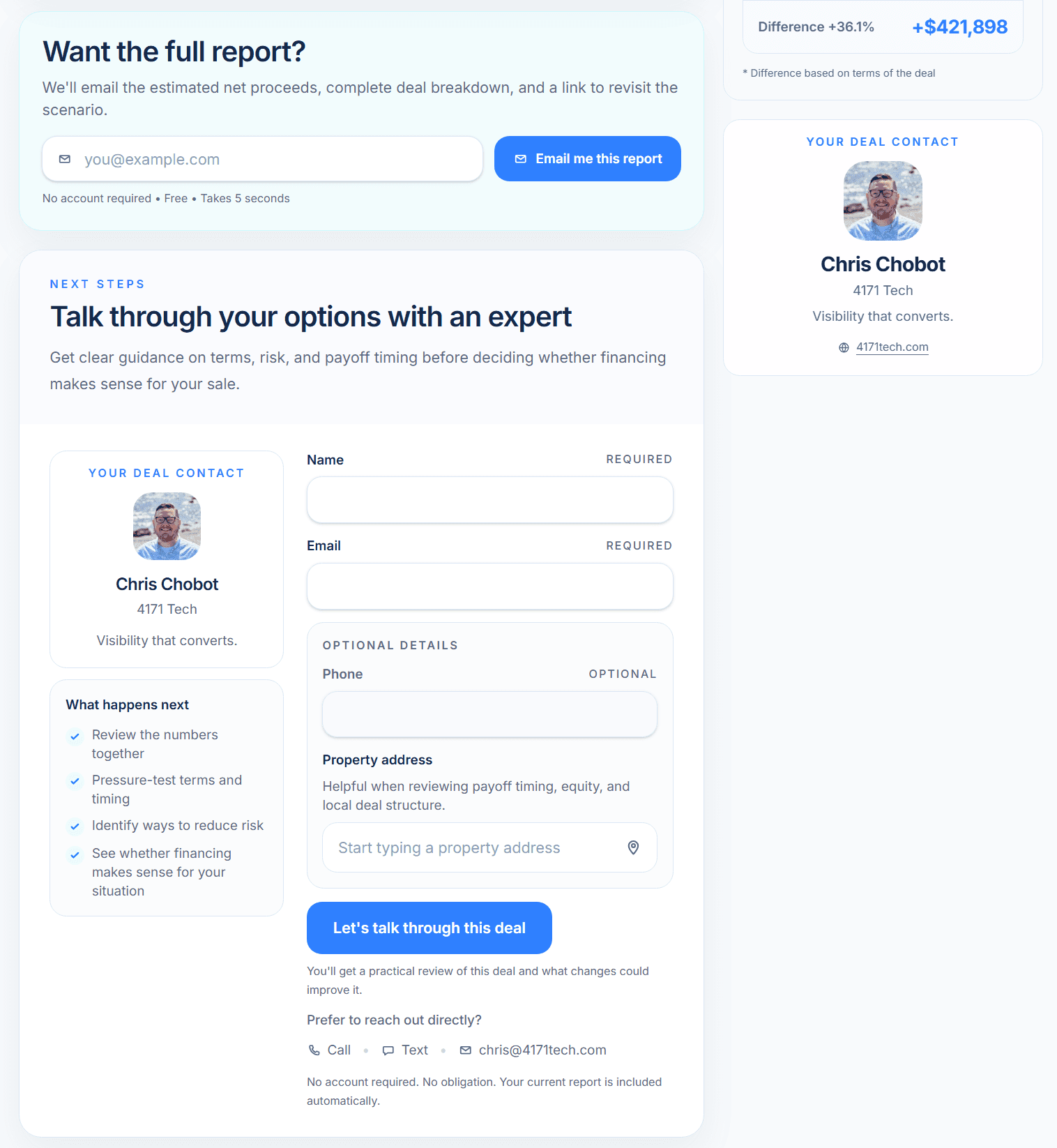Public scenario lead capture form inviting a seller to talk through their options.