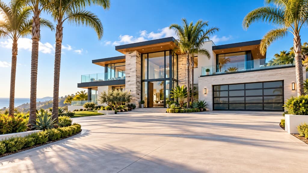Contemporary hillside home with palm trees and a wide driveway